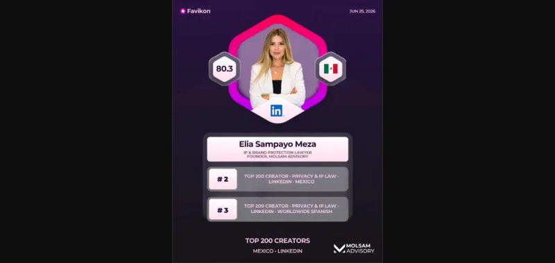 Elia Sampayo Meza, reconocida como creadora #2 en México en Privacy & IP Law (Ranking Favikon LinkedIn) - imagen 1